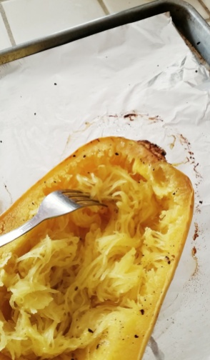 Scrape the inside of roasted spaghetti squash with fork to make noodle like strands.